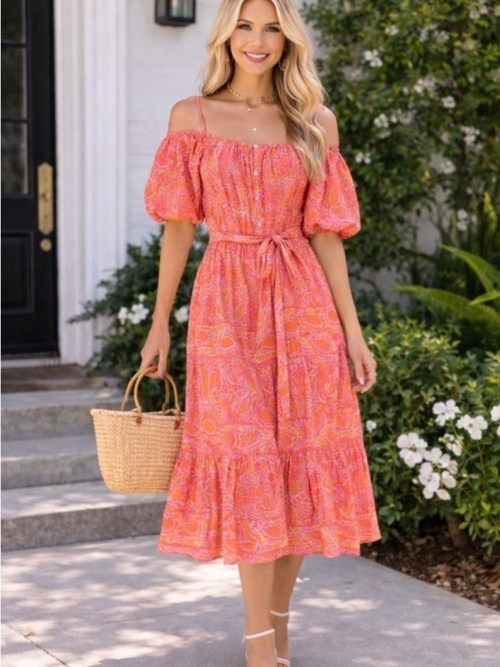 Cleobella Coral Pink Paisley Off-Shoulder Midi Dress